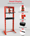 Beefy 12 Ton Hydraulic Shop Press Heavy Duty H Frame Garage Floor Press With Adjustable Work Table And Stamping Plates Industrial Grade Bearing Press for metalwork displayed with features labeled
