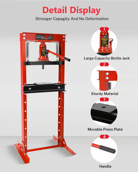 Beefy 12 Ton Hydraulic Shop Press Heavy Duty H Frame Garage Floor Press With Adjustable Work Table And Stamping Plates Industrial Grade Bearing Press for metalwork displayed with features labeled