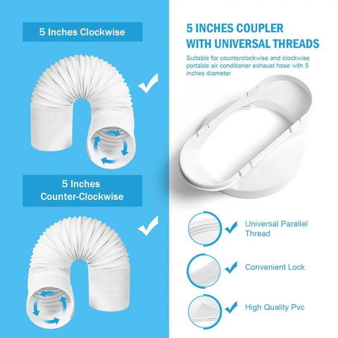 Portable Window Kit For Air Conditioner With 5 Inch Exhaust Hose Adjustable Coupler And Seal Sliding Vent Rail Includes Sealing Tape And Mounting Screws For Easy No Fuss Installation showing 5-inch coupler and exhaust hose in clockwise and counter-clockwise positions