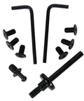 Black metal bearing press and puller kit with two L-shaped wrenches, a long threaded rod, and several screws.