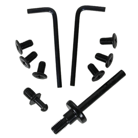 Black metal bearing press and puller kit with two L-shaped wrenches, a long threaded rod, and several screws.