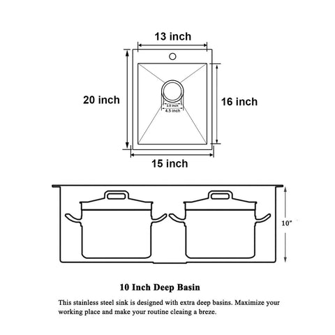 Dimensions diagram of Gunmetal Black Drop In Bar Sink For Small Kitchens And RVs, 15x20 Inch Stainless Steel 16 Gauge Top Mount Wet Bar Prep Sink