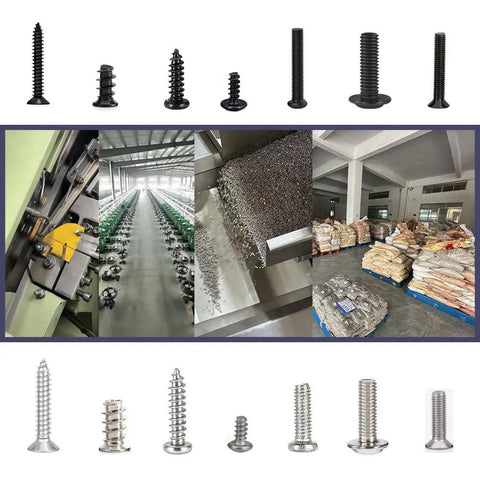 Heavy Hitter 1200 Piece Black Phillips Flat Head Self Tapping Screw Set M2 M2.6 M3 carbon steel screws displayed alongside production process.