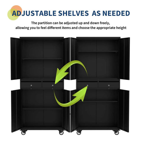 72 Inch Metal Storage Cabinet On Wheels With Locking Doors And Two Drawers, adjustable shelves shown inside.