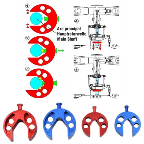 Instructional diagram and alloy tools for RC Helicopter Swashplate Leveler Cross Plate Corrector Tool For 450-700 Series, red and blue.