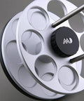 Eight Single Dose Espresso Bean Storage Tubes With Rotating Display Rack And Precision Funnel Set close-up angle showing rotating rack detail.