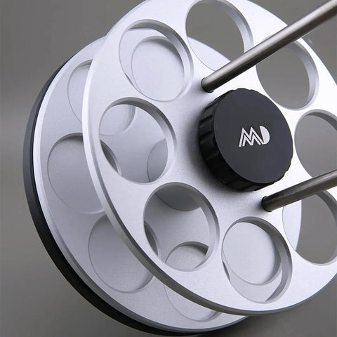 Eight Single Dose Espresso Bean Storage Tubes With Rotating Display Rack And Precision Funnel Set close-up angle showing rotating rack detail.