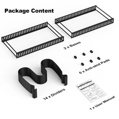 Package contents showing components of Expandable Pot And Pan Organizer Rack For Cabinet With 14 Adjustable Dividers To Hold Lids And Pans