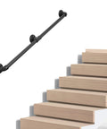 Rock Solid Industrial Pipe Handrail Wall Mounted For Indoor And Outdoor Steps Hella Tough Black Galvanized Metal Vintage Farmhouse Style Heavy Duty Porch Railing Kit on wooden stairs.