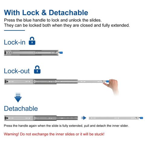 20 Inch Rugged Heavy Duty Drawer Slide With Lock, 2 Inch Width, 125 Lb Load Capacity, lock-in lock-out mechanism shown
