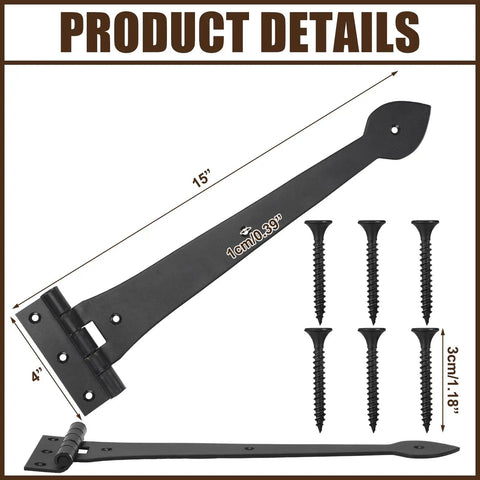 8 Pack 15 Inch Heavy Duty T Shape Strap Hinges With Screws, Black Powder Coated Wrought Iron Spade Tip, For Shed Barn Fence Gate Wood Doors And Shutters shown with screws