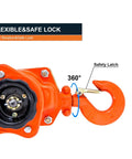 Close-up of Lever Chain Hoist 0.75 Ton with safety latch, 360 degree rotation, carbon steel hook, for heavy-duty lifting.