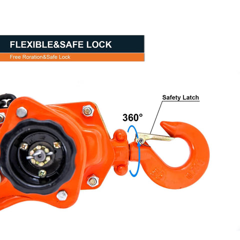 Close-up of Lever Chain Hoist 0.75 Ton with safety latch, 360 degree rotation, carbon steel hook, for heavy-duty lifting.