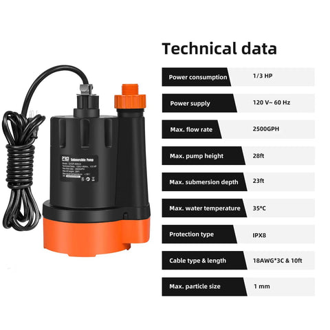 Submersible Water Pump One Third HP 2500GPH Portable Electric Utility Pump For Clean Water Drainage with orange base