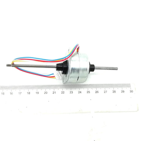 Beefed Up 35x120mm Permanent Magnet Stepper Motor with 12V supply, non-captive TR3.5 linear screw, visible wiring, ruler for scale.
