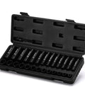 Go-To 27-Piece 3/8-Inch Drive Metric Impact Socket Set with 12-Point Cr-V Steel 7mm to 19mm standard and deep sockets case open