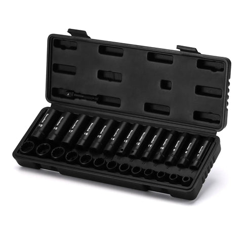 Go-To 27-Piece 3/8-Inch Drive Metric Impact Socket Set with 12-Point Cr-V Steel 7mm to 19mm standard and deep sockets case open