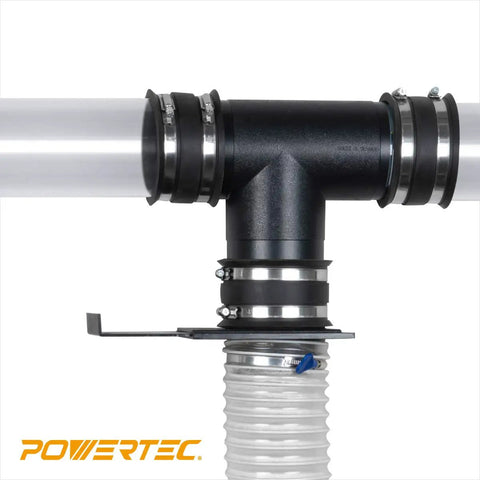 4 Inch T Fitting for Dust Collection Hose Dual Port Connector System in ABS Plastic with two hoses visible