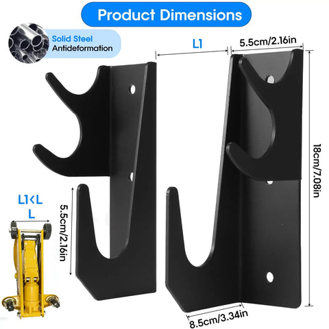 Heavy Duty Floor Jack Wall Mount Organizer Brackets For Stands And Trolleys Garage Tool Hanger And Gear Setup Black Electro Plated Steel With Two Piece Handle Hydraulic Jack Stand Accessories, showing two black brackets and dimensions