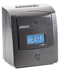 Automatic Punch Time Clock With Six Column Time Cards Captures Three Shift Entries Quick Top Loading Guide For Plug And Play Setup displayed in black.