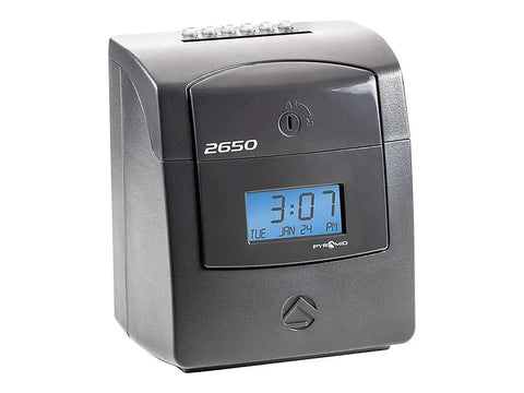 Automatic Punch Time Clock With Six Column Time Cards Captures Three Shift Entries Quick Top Loading Guide For Plug And Play Setup displayed in black.