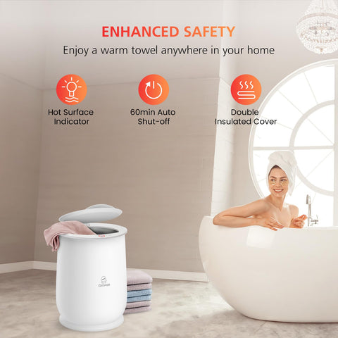 Large Towel Warmer for Bathroom with Auto Shut Off, Fast Heat Up in Minutes, next to a woman in a bathtub, towels shown nearby.