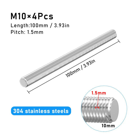 4 Pack M10 x 100mm 3.93 Inch Fully Threaded Rods Stainless Steel 304 Right Hand Threads DIN 975 Burr-Free Surface Rust-Resistant