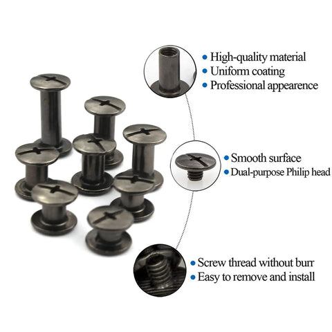 Rock Solid 120 Piece Chicago Screws Assorted Kit With Eight Mixed Screw Rivet Sizes Featuring Phillips Head Gun Metal Finish, close-up view.