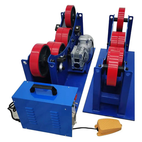 Beefed Up Workhorse Wheel Welding Tank Turning Rolls With Linkage Roller And Welding Positioner For Welding Equipment Support 3000 Kg Load Capacity 70 To 1200 Mm Diameter Range 370W Motor Adjustable Speed 150 To 1000 Mm Min., blue steel turning rolls with red rollers and foot switch