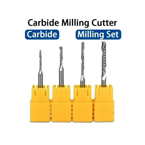 Straight Up Sharp Single Flute Spiral End Mill For CNC Router Machining Wood Acrylic Aluminum With Raw Uncoated Steel Blades For Superior Heat Dissipation, carbide milling cutter set with yellow holders.