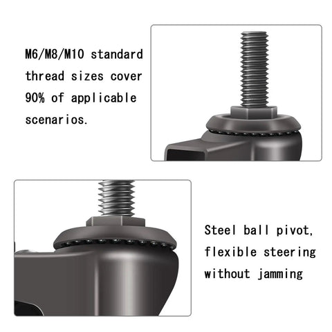 Close-up of M6/M8/M10 threaded stem on Top Tier Heavy Duty Stem Casters With Smooth Rolling 360 Swivel TPR Wheels.