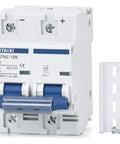 Top Shelf Dc Miniature Circuit Breaker With Dual Poles Offering Solid 80 Amp And 500 Volt Surge Guard For Electrical Panels featuring two pins and a mounting bracket.