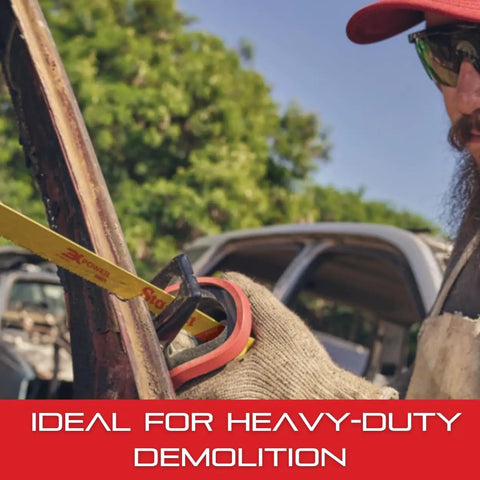Bi Metal King Cut Beefed Up Heavy Duty Demolition And Emergency Extrication Reciprocating Saw Blade in use on metal beam