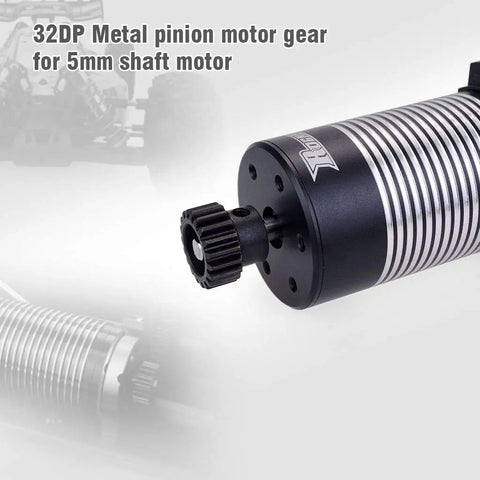 Close-up of 32P 5mm Pinion Gear Set for RC buggy and monster truck, showing black hardened metal construction and gear teeth
