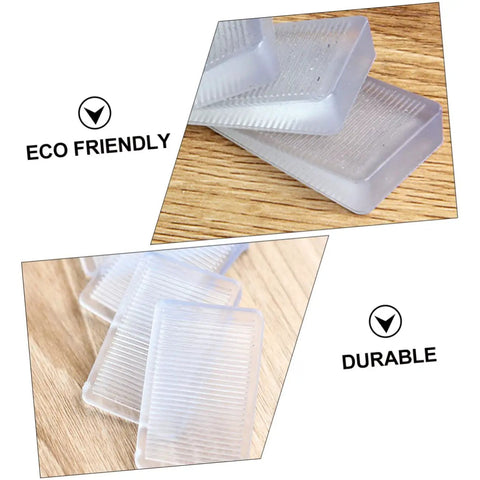Close-up of stackable furniture leveling shims, clear PVC material, showing durable design for stabilizing tables and chairs.