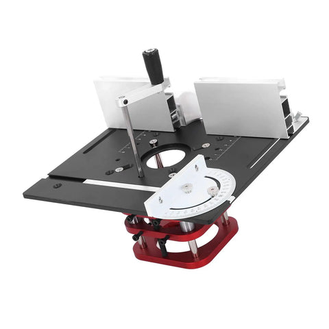 Four Jaw Clamping Router Lift System With 51mm Stroke And Precise 1mm Increments Base Plate Fit For 64 To 66mm Motors Engraving Slotting Chamfering And Table Saw Insert Setup For Pro Grade Woodworking Upgrades black aluminum lift with red base and angle scale