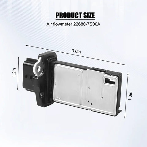 Mass Air Flow Sensor Meter For Cars OEM 22680-7S00A 22680-7S000 side view showing dimensions for Nissan vehicles