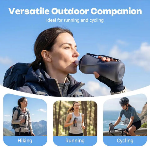 Woman hiking with collapsible silicone handheld water bottle with ergonomic strap 350ml blue hydration flask for running on-the-go