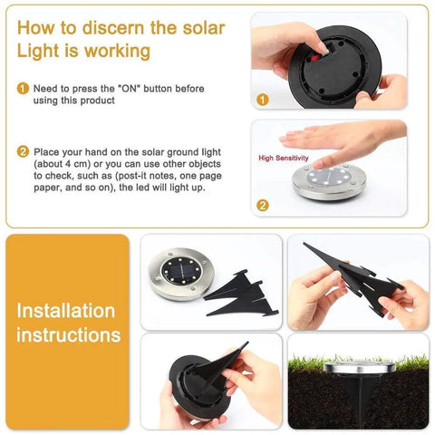 Instructions for Solar Ground Lights 8 Pack Waterproof White LED Disk Landscape Lights For Lawn Path Patio Garden Deck Walkway