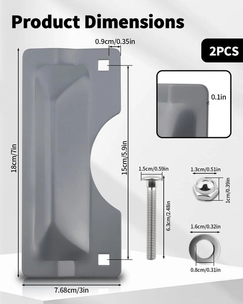 Badass Carbon Steel Door Latch Guard And 3X7 Inch Security Reinforcement Plate For Outswing Doors dimensions with screws and mounting detail.