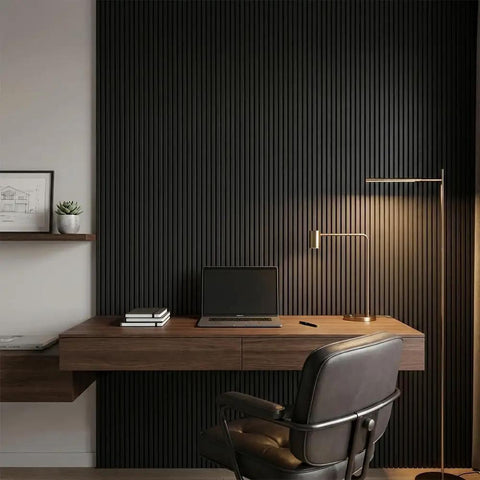 Modern office setup featuring 6 Pack Black Acoustic Foam Panels 1 X 24 X 24 Inch Soundproof Wedge Tiles mounted on wall.
