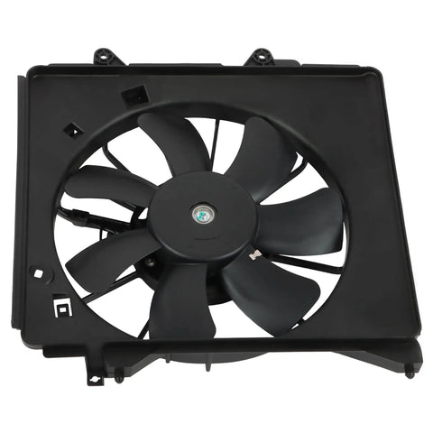 Direct Fit AC Condenser Cooling Fan Assembly Passenger Side Replacement For Honda Fit 2009 Through 2014 top view of fan blades and housing