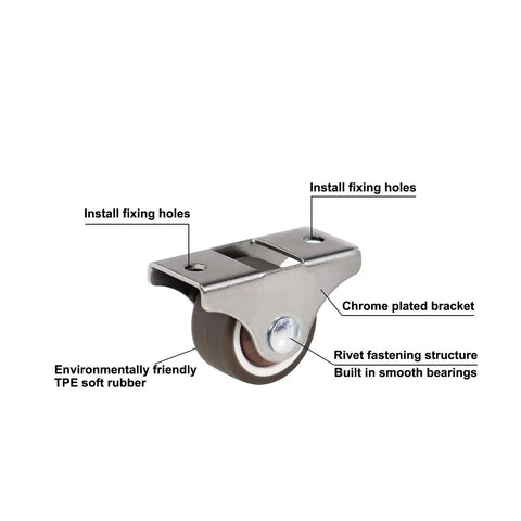 Front view of a Mini 1 Inch Caster Wheel from a Set Of 4 with steel frame and TPE rubber ideal for small furniture.