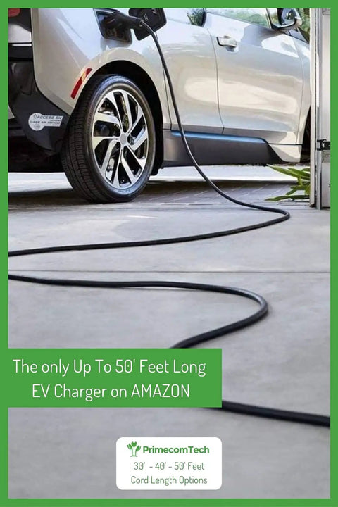 Tesla Level 2 EV Charger 240V 32A And 40A Dual Rate NEMA 14-50 Home EVSE with long cord attached to car