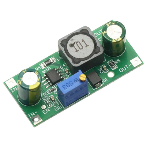 Front view of Beefy Two-Pack DC-DC Buck Converter Modules from 48V-100V range to 1.25V-48V adjustable power supply board, circuits visible.