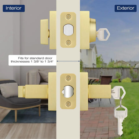Smooth Satin Brass Door Handleset With Single Cylinder Deadbolt Reversible For Right Or Left Swing Easy Keyed Square Deadbolt Lock Set on door