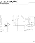 Technical diagram of Heritage Style Wall Mount Bridge Kitchen Faucet Solid Brass, 8-Inch Spread, 8.5-Inch Reach, 2-Hole Install.