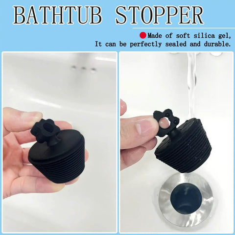 2 Pack Universal Silicone Bathtub Drain Stopper Plug For Tub And Sink Drains Black With No Fuss Seal in hand near sink