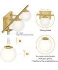 Exploded view of Brushed Brass 24 Inch Three Light Vanity Light With Modern Globe Glass Shades Damp Rated Wall Sconce For Over Mirror IP44 Bathroom Fixture Easy Mounting And Slick On Trend Contemporary Style.