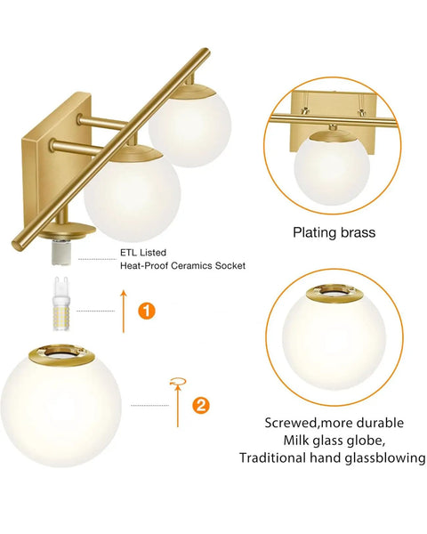 Exploded view of Brushed Brass 24 Inch Three Light Vanity Light With Modern Globe Glass Shades Damp Rated Wall Sconce For Over Mirror IP44 Bathroom Fixture Easy Mounting And Slick On Trend Contemporary Style.